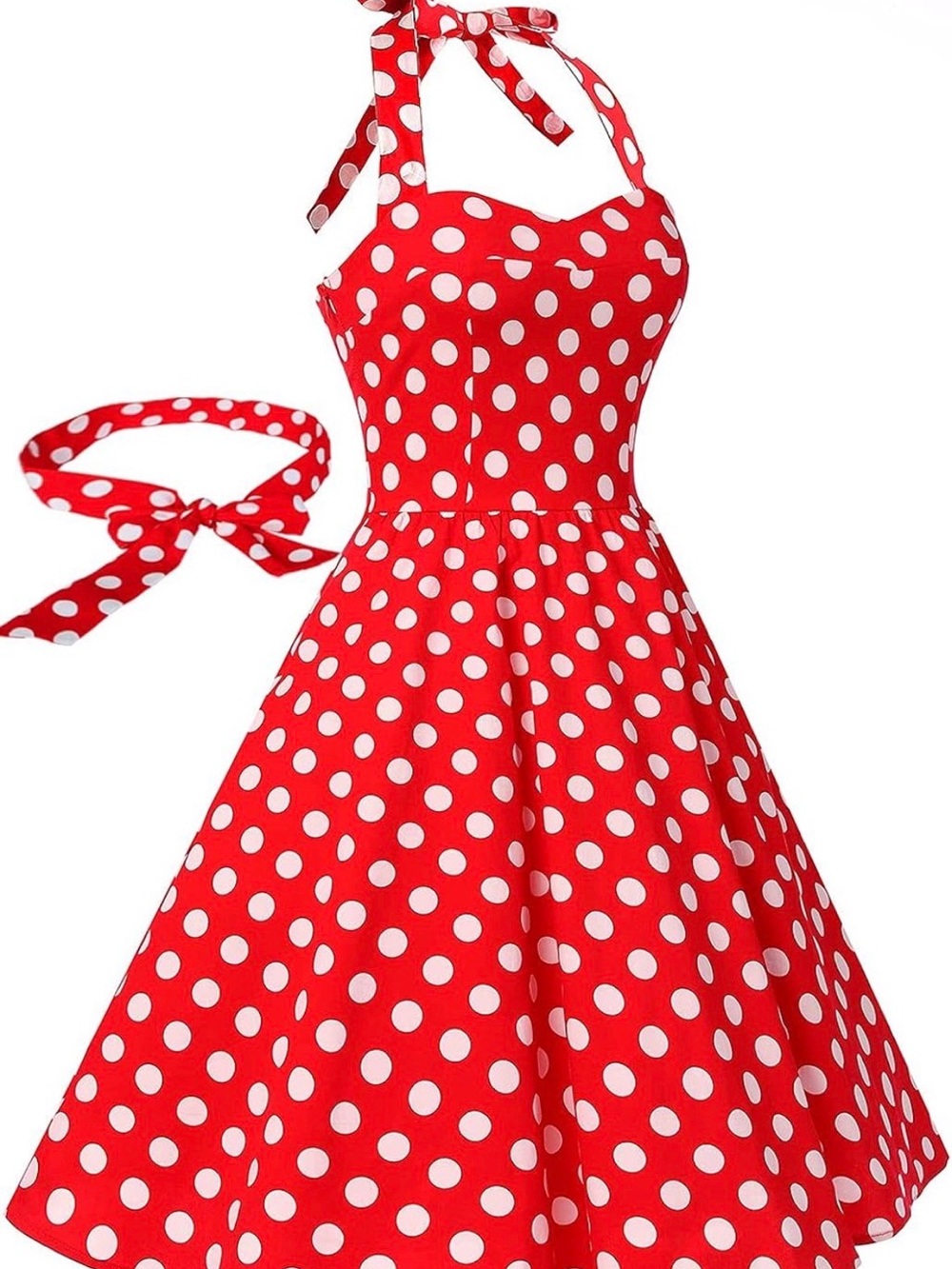 Red Polka Dot Halter Dress - Classic Retro Style - Picture 3 of 4
